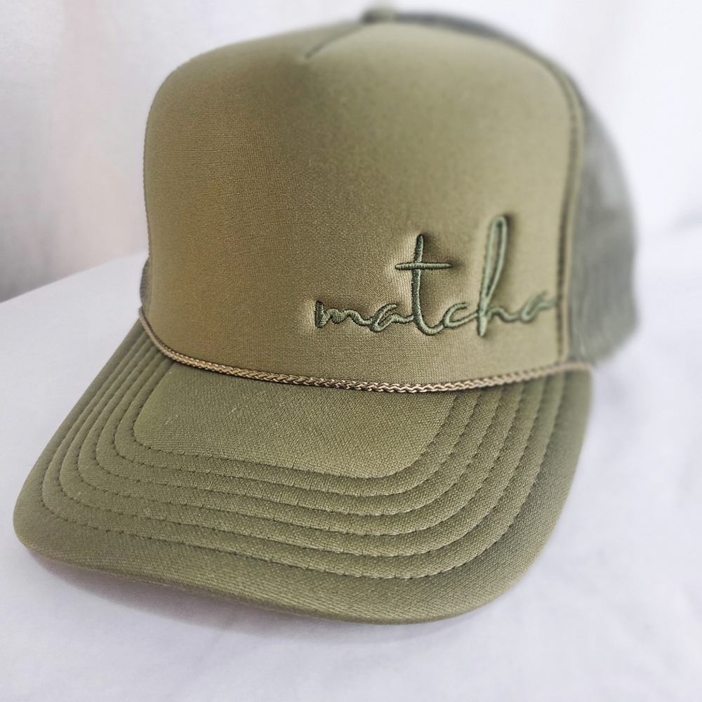 "Matcha" Olive Green Snap Back Mesh Trucker Ball Cap Hat - Barista Collection